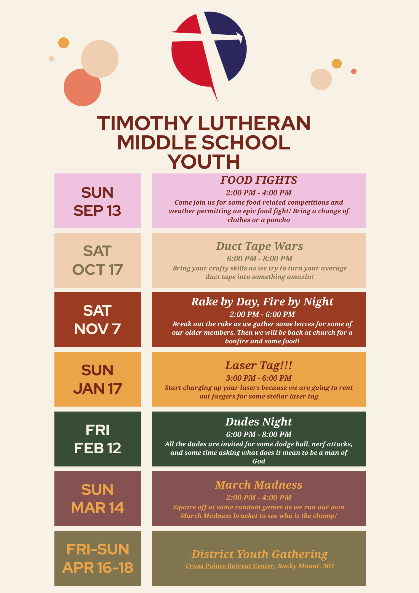 Timothy Lutheran Youth Events Flyer
